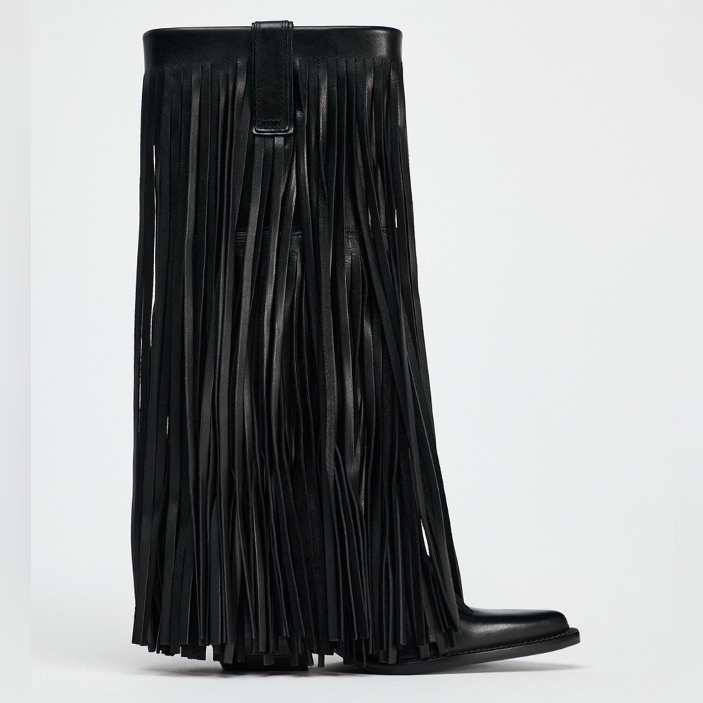 NEW ZARA FRINGE LEATHER COWBOY BOOTS SIZE 10